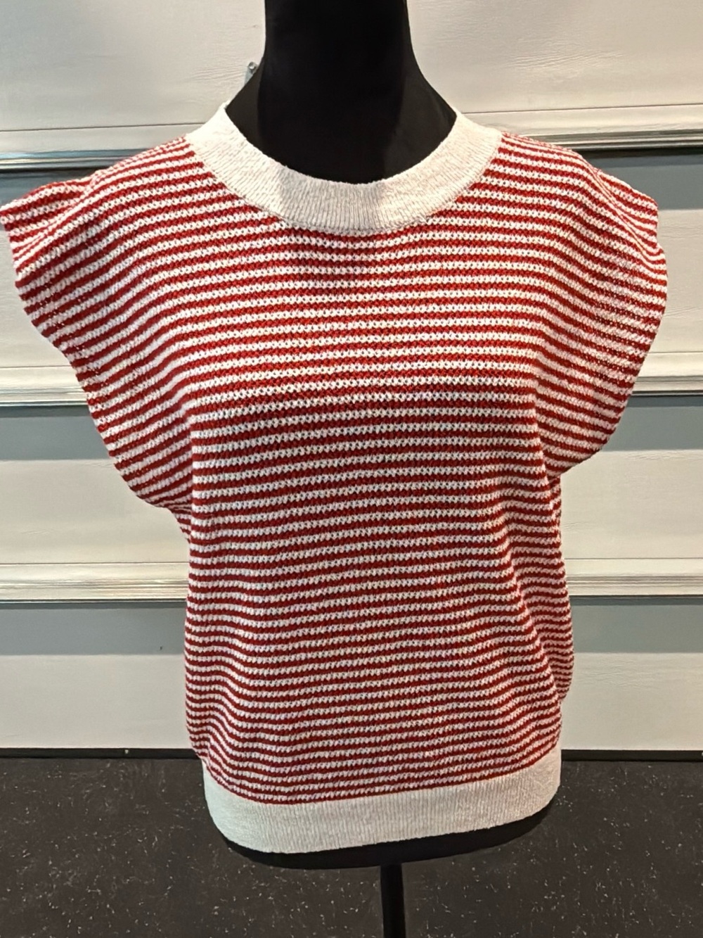 Striped Knit Cap Sleeve Top in Red and White